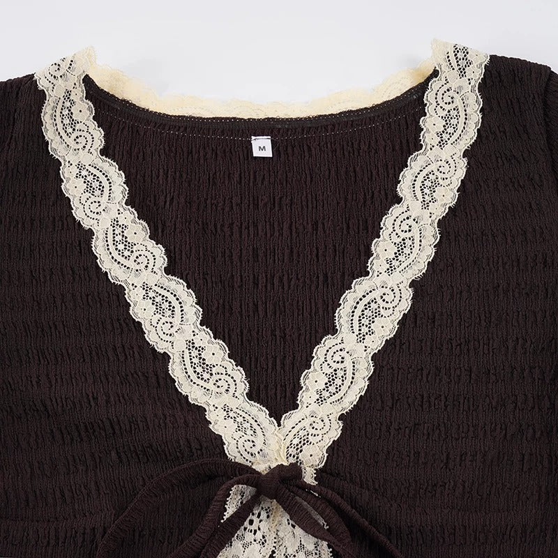 Peyton Lace Trim Tie-Front Ruched Top