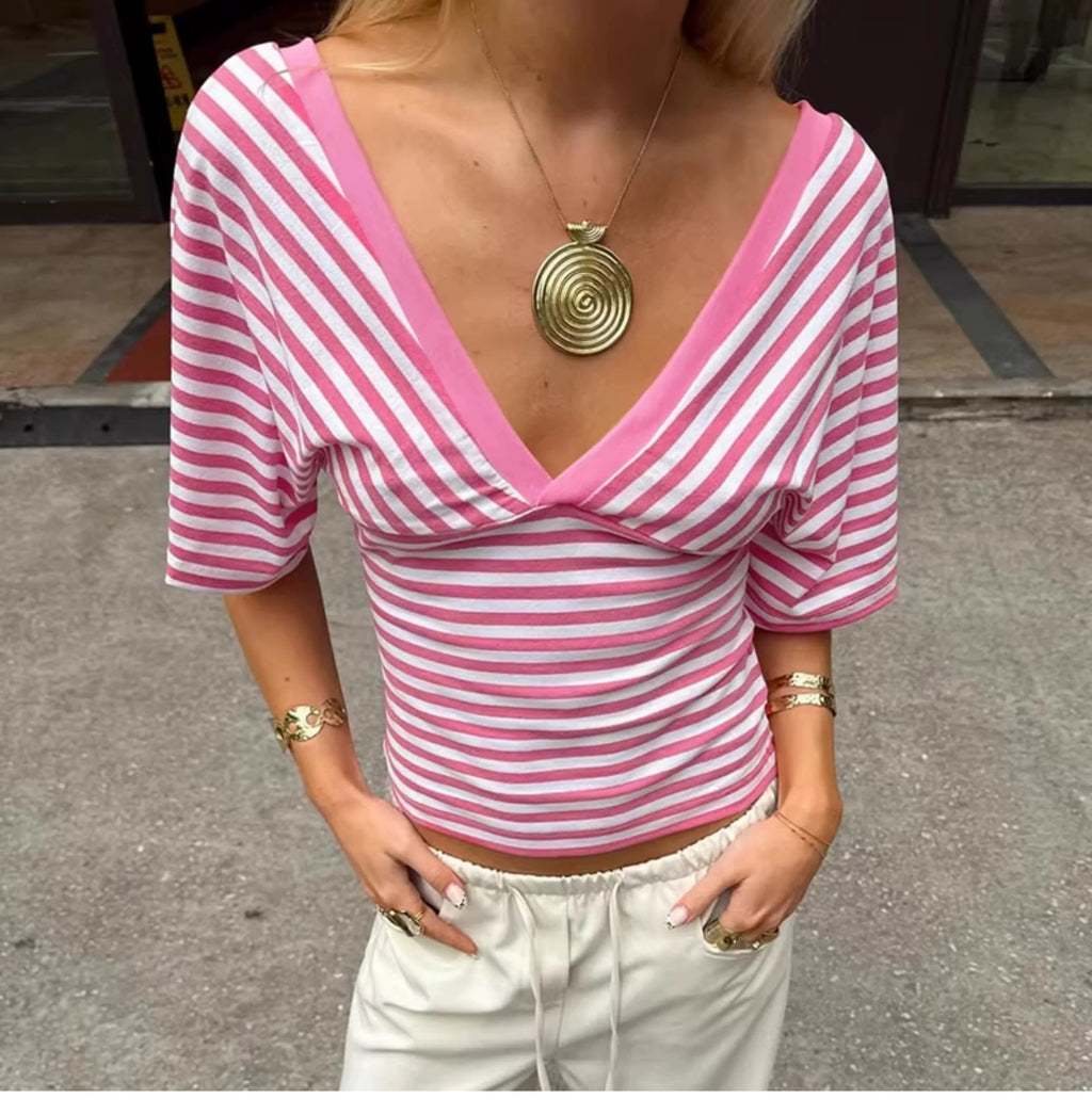 Yuna Striped Deep V-Neck Top