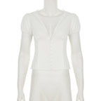 Lace-Trim Puff Sleeve Button Blouse