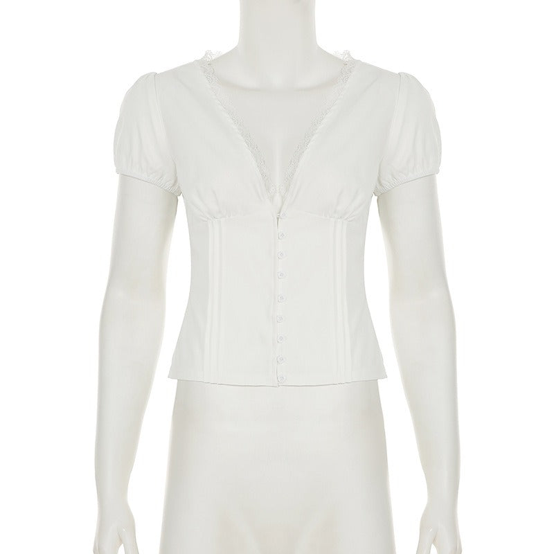 Lace-Trim Puff Sleeve Button Blouse