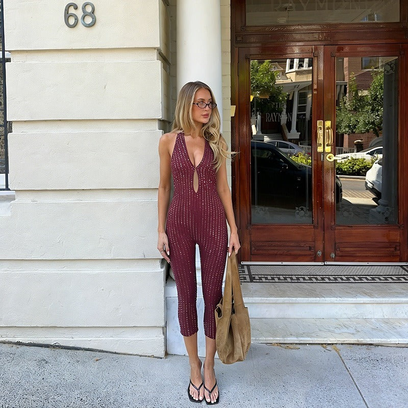 Zarelle Rhinestone Halter Capri Jumpsuit