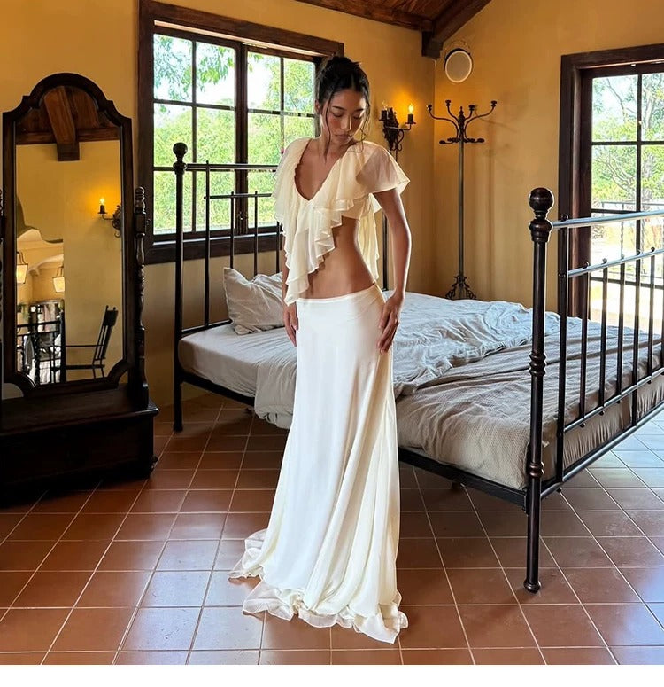 Briar Ivory Ruffle Draped Maxi Skirt Set