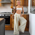 Lace Trim Ruffle Waist Wide Leg Pants