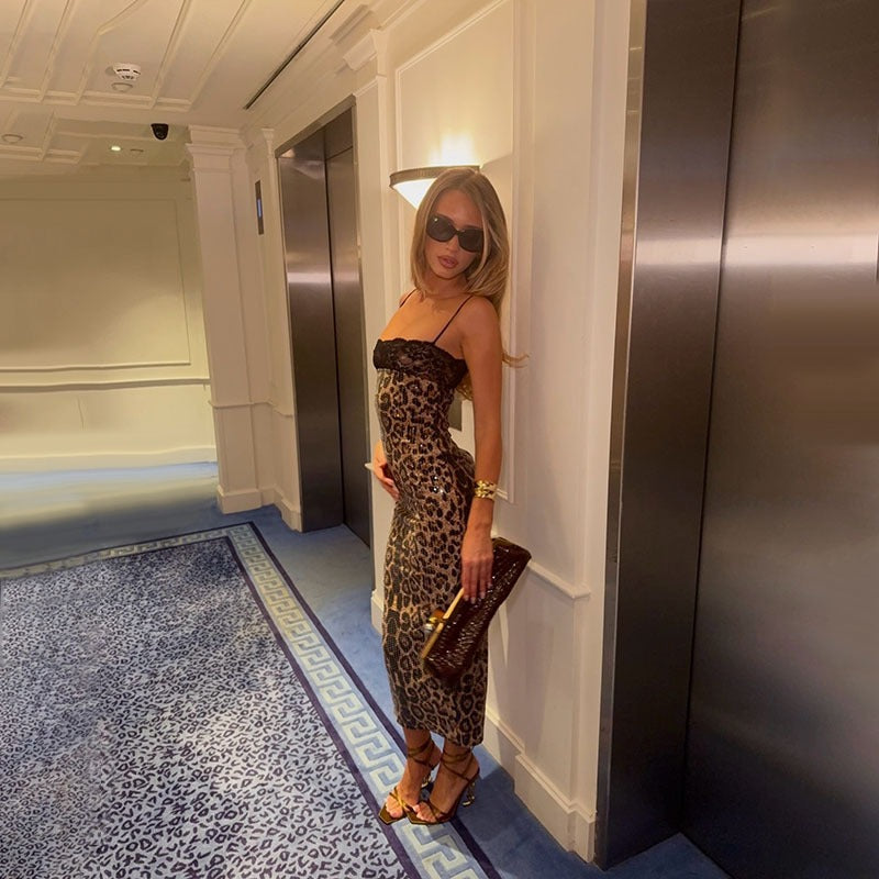 Elnara Leopard Sequin Lace Midi Dress