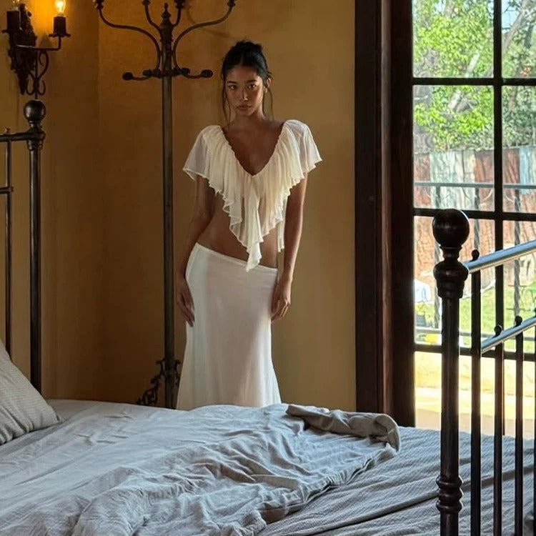 Briar Ivory Ruffle Draped Maxi Skirt Set