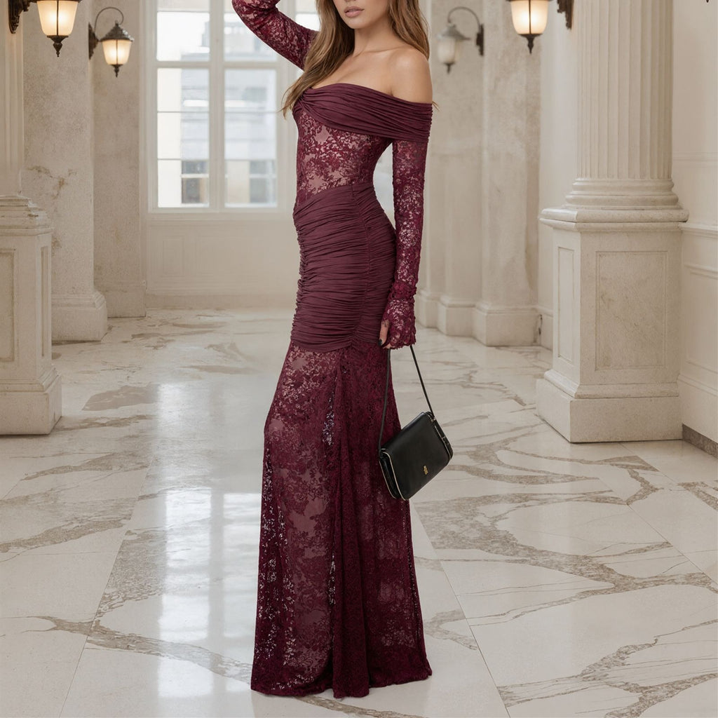 Off-Shoulder Lace Ruched Maxi Dress
