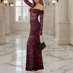 Off-Shoulder Lace Ruched Maxi Dress