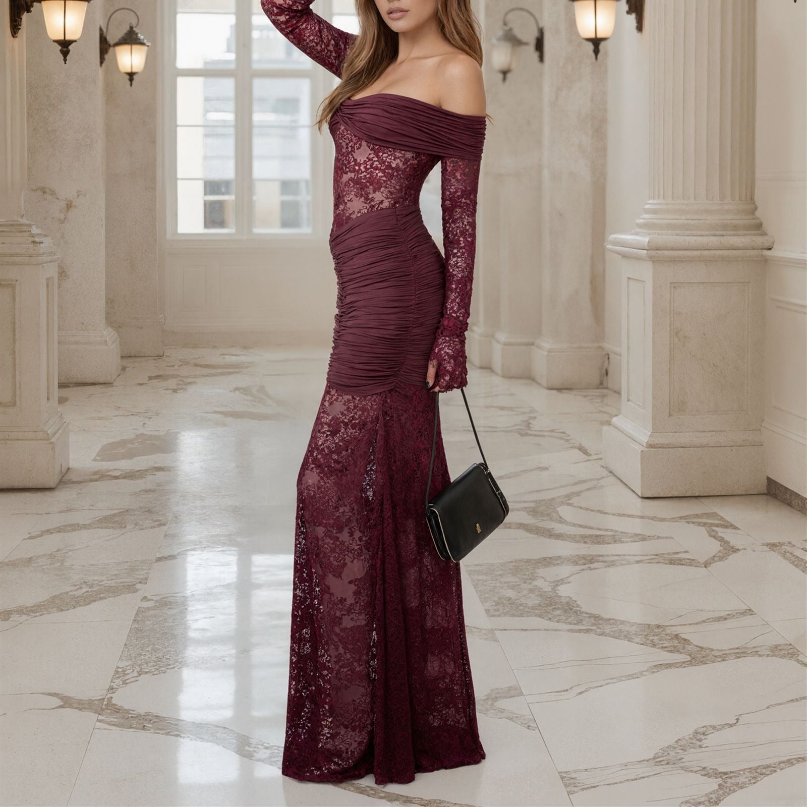 Off-Shoulder Lace Ruched Maxi Dress