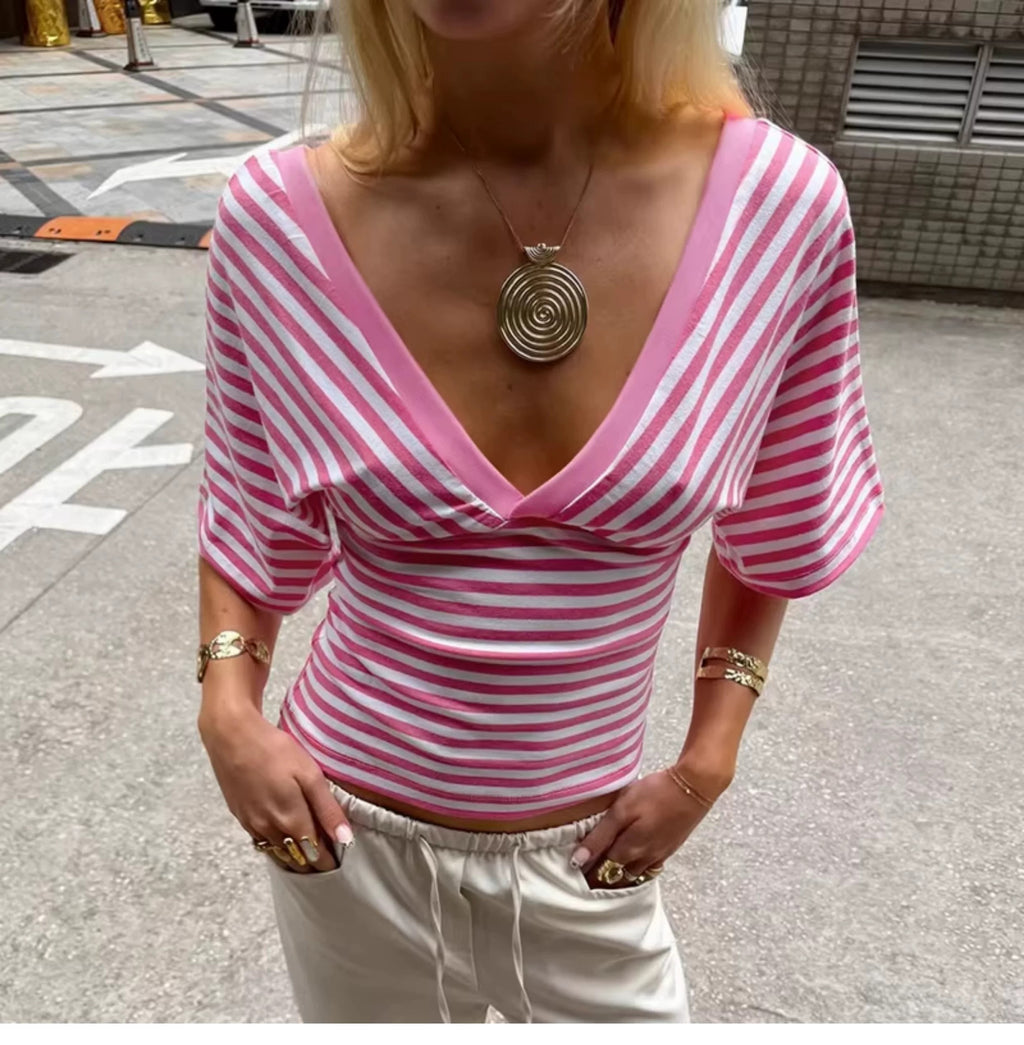 Yuna Striped Deep V-Neck Top