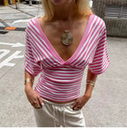 Yuna Striped Deep V-Neck Top