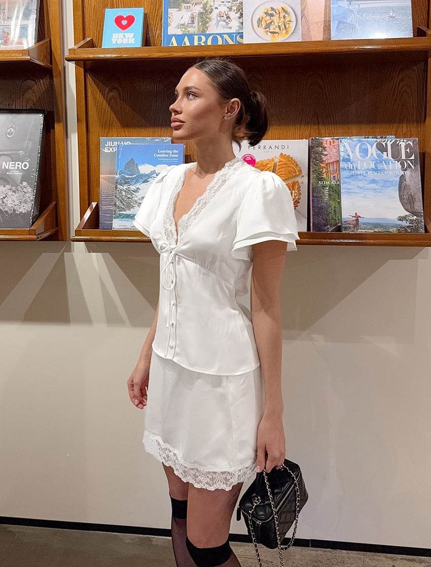 Lace Trim Blouse & Mini Skirt Set
