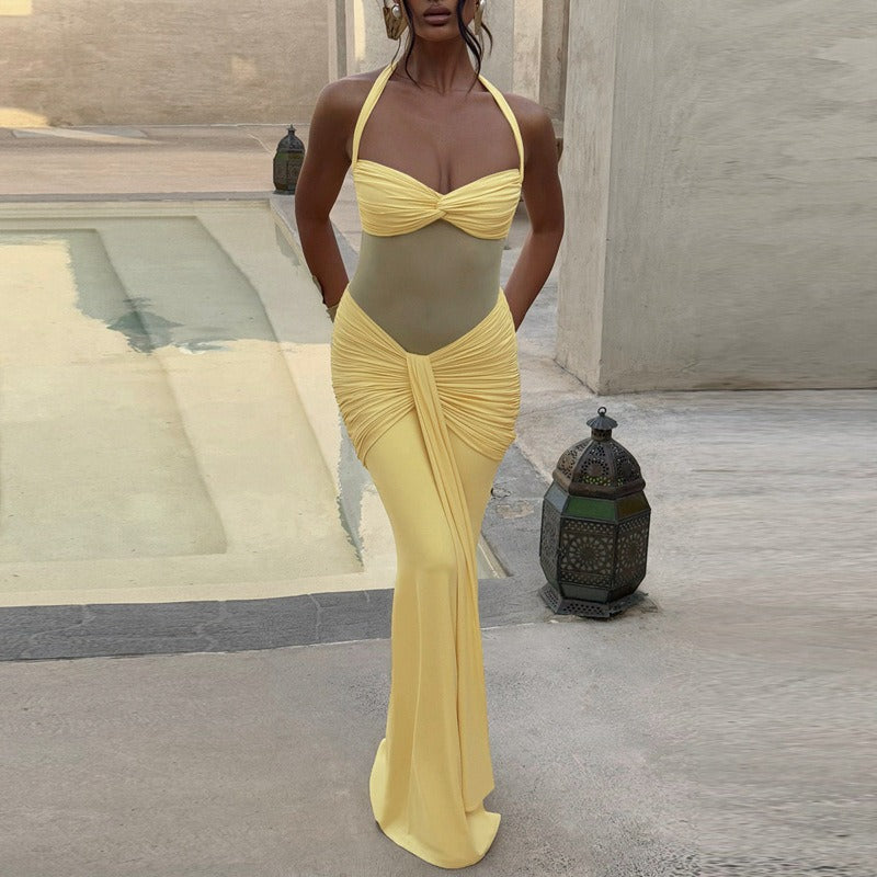 Mesh Panel Halter Maxi Dress