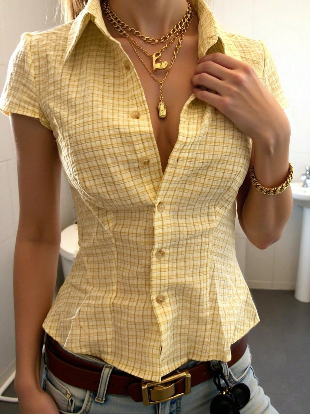Yellow Plaid Fitted Button-Up Shirt