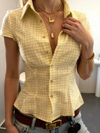 Yellow Plaid Fitted Button-Up Shirt