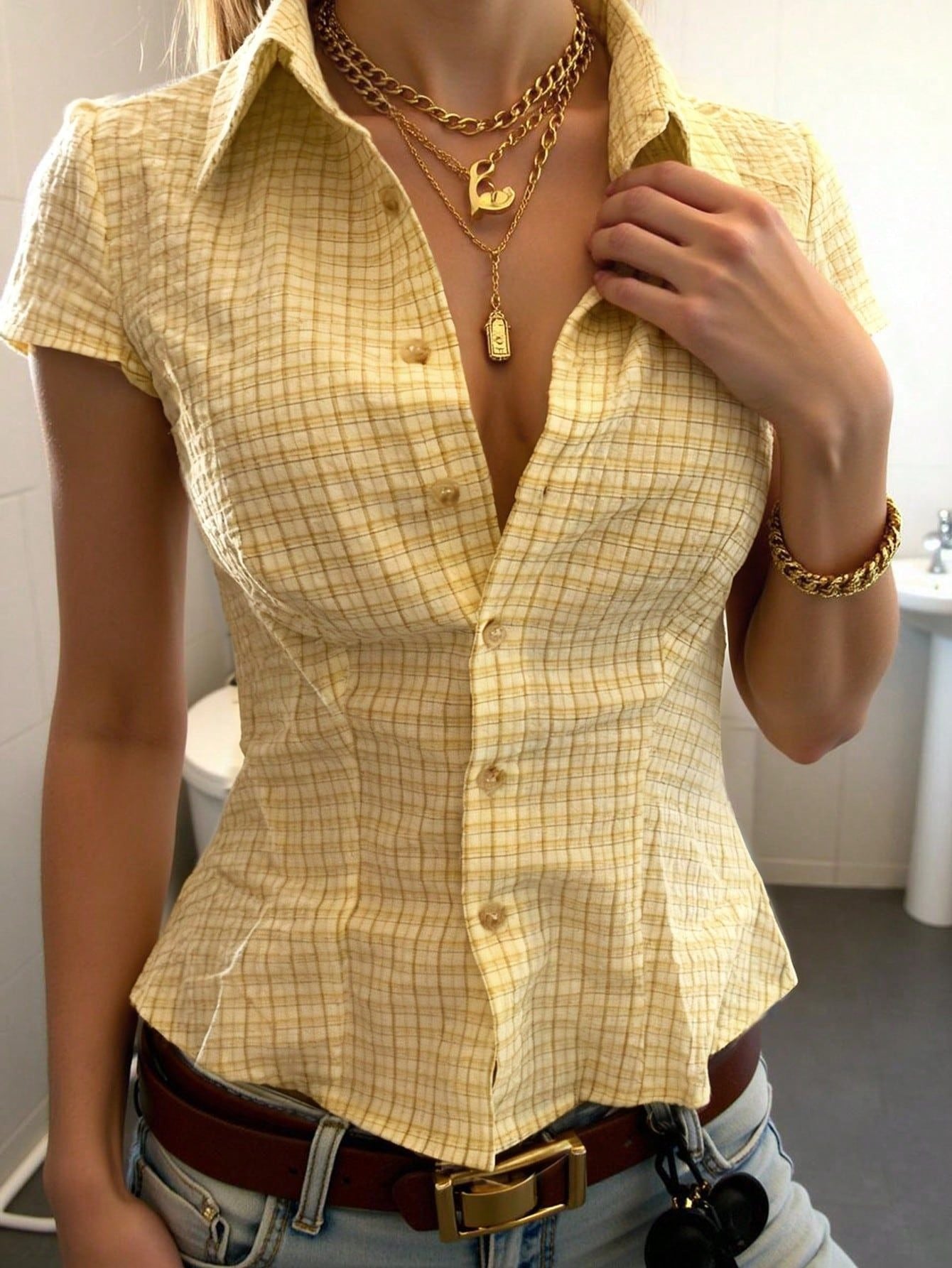 Yellow Plaid Fitted Button-Up Shirt