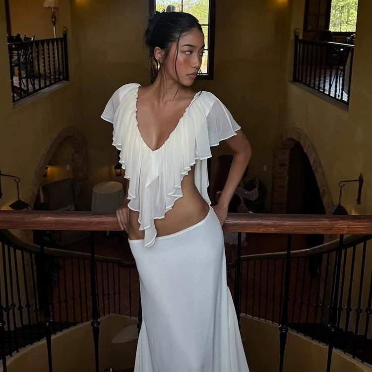 Briar Ivory Ruffle Draped Maxi Skirt Set