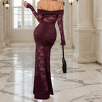 Off-Shoulder Lace Ruched Maxi Dress