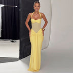 Mesh Panel Halter Maxi Dress