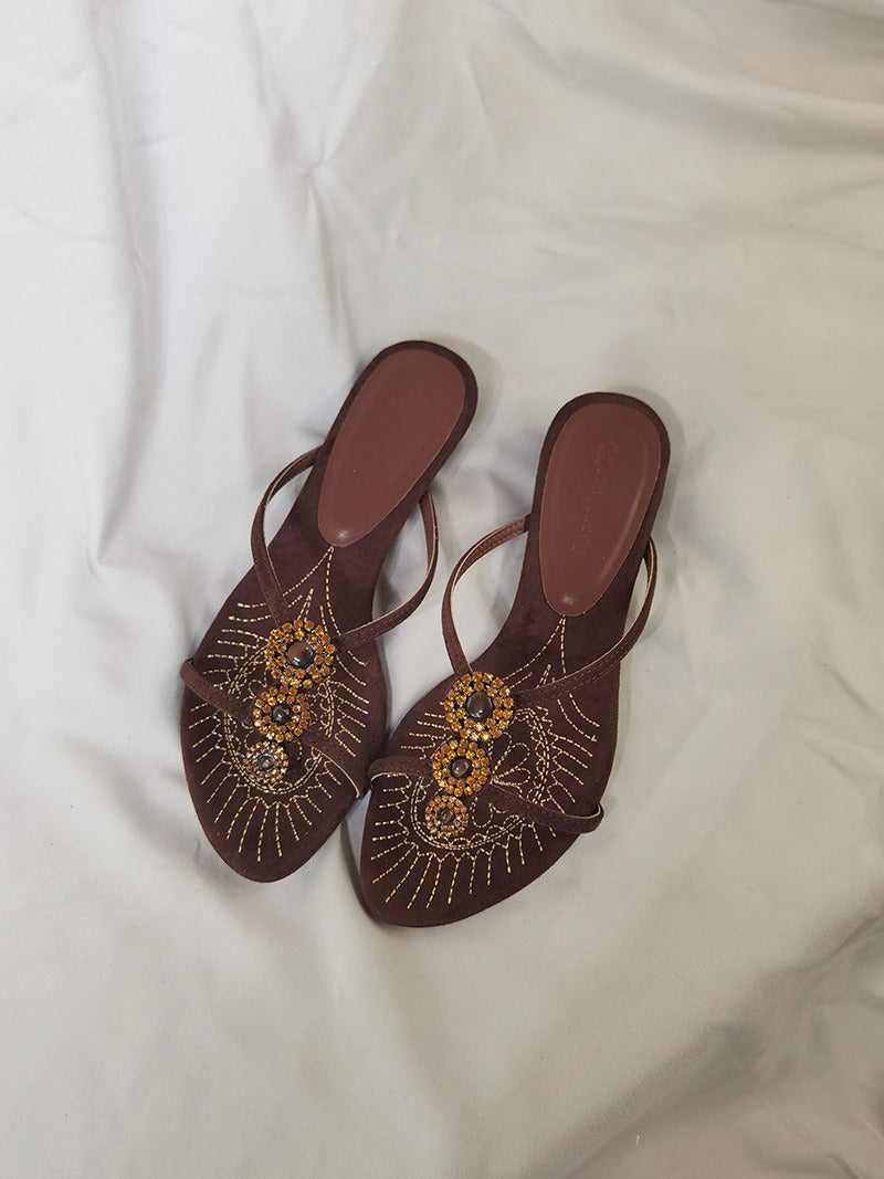 Layla Embroidered Rhinestone Toe-Loop Sandals