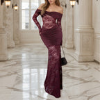 Off-Shoulder Lace Ruched Maxi Dress