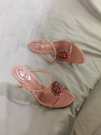 Pink Satin Crystal Mule Heels