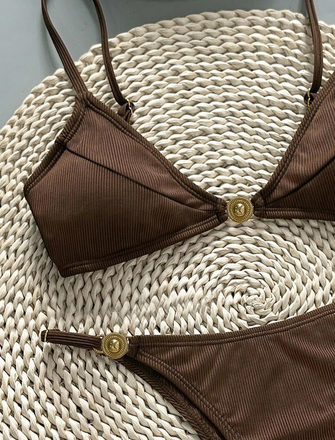 Ines Gold Detail Ribbed Bikini Set