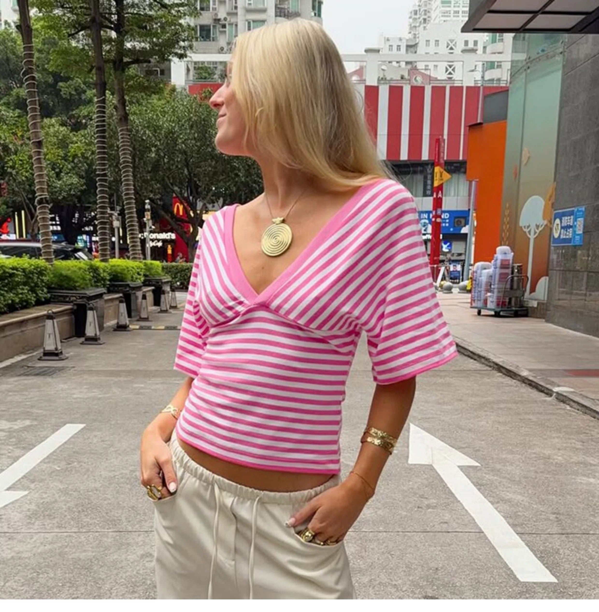 Yuna Striped Deep V-Neck Top