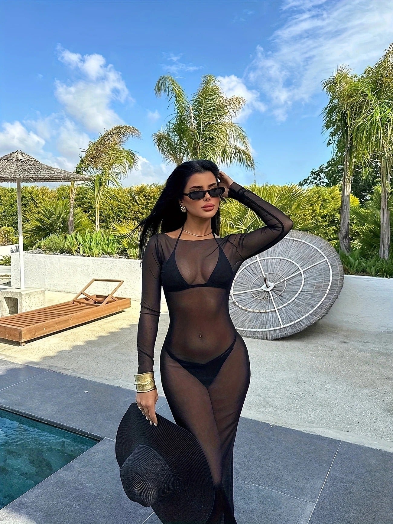 Sheer Mesh Long-Sleeve Maxi Dress