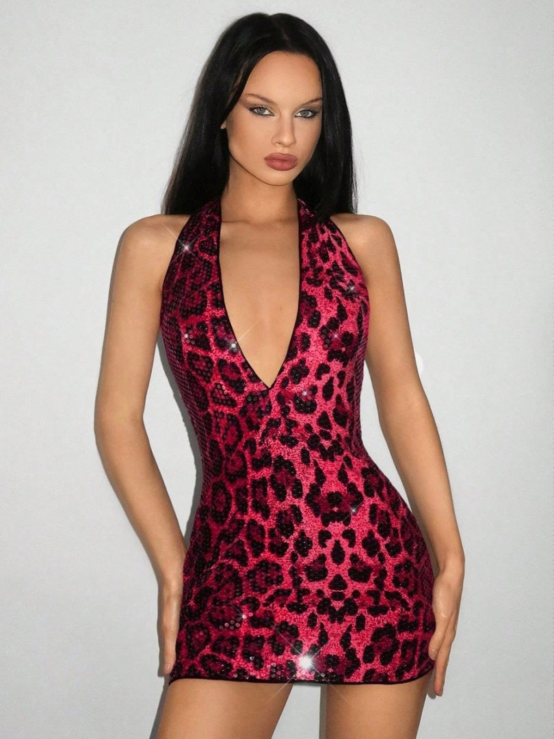 Ivy Sequin Leopard Halter Mini Dress