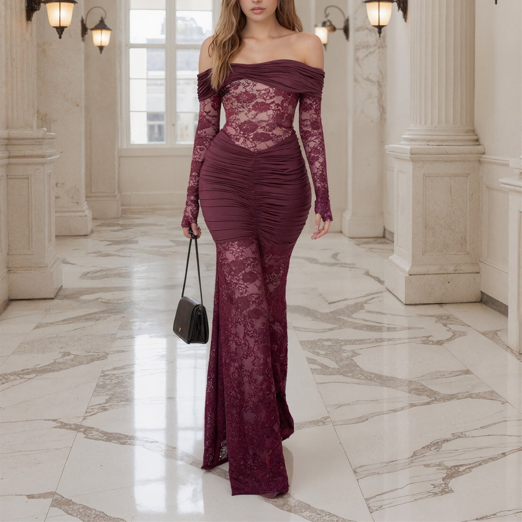 Off-Shoulder Lace Ruched Maxi Dress