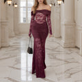 Off-Shoulder Lace Ruched Maxi Dress