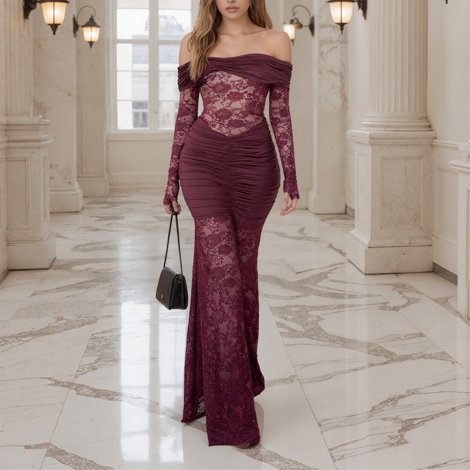 Off-Shoulder Lace Ruched Maxi Dress