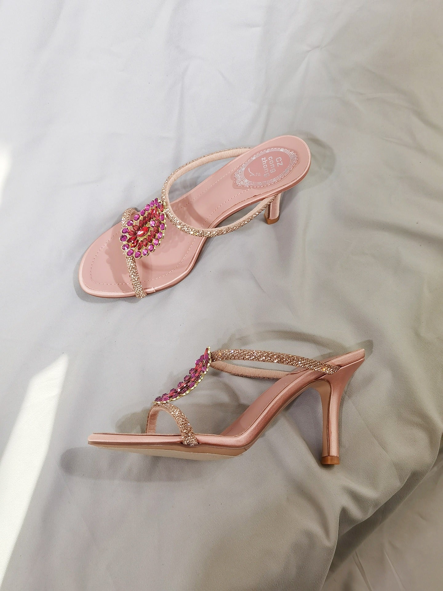 Pink Satin Crystal Mule Heels