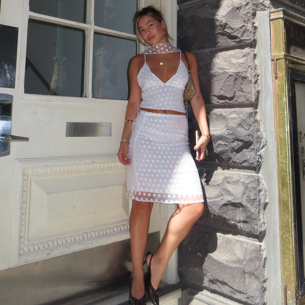 Polka Dot Mesh Cami & Midi Skirt Set (With Choker)