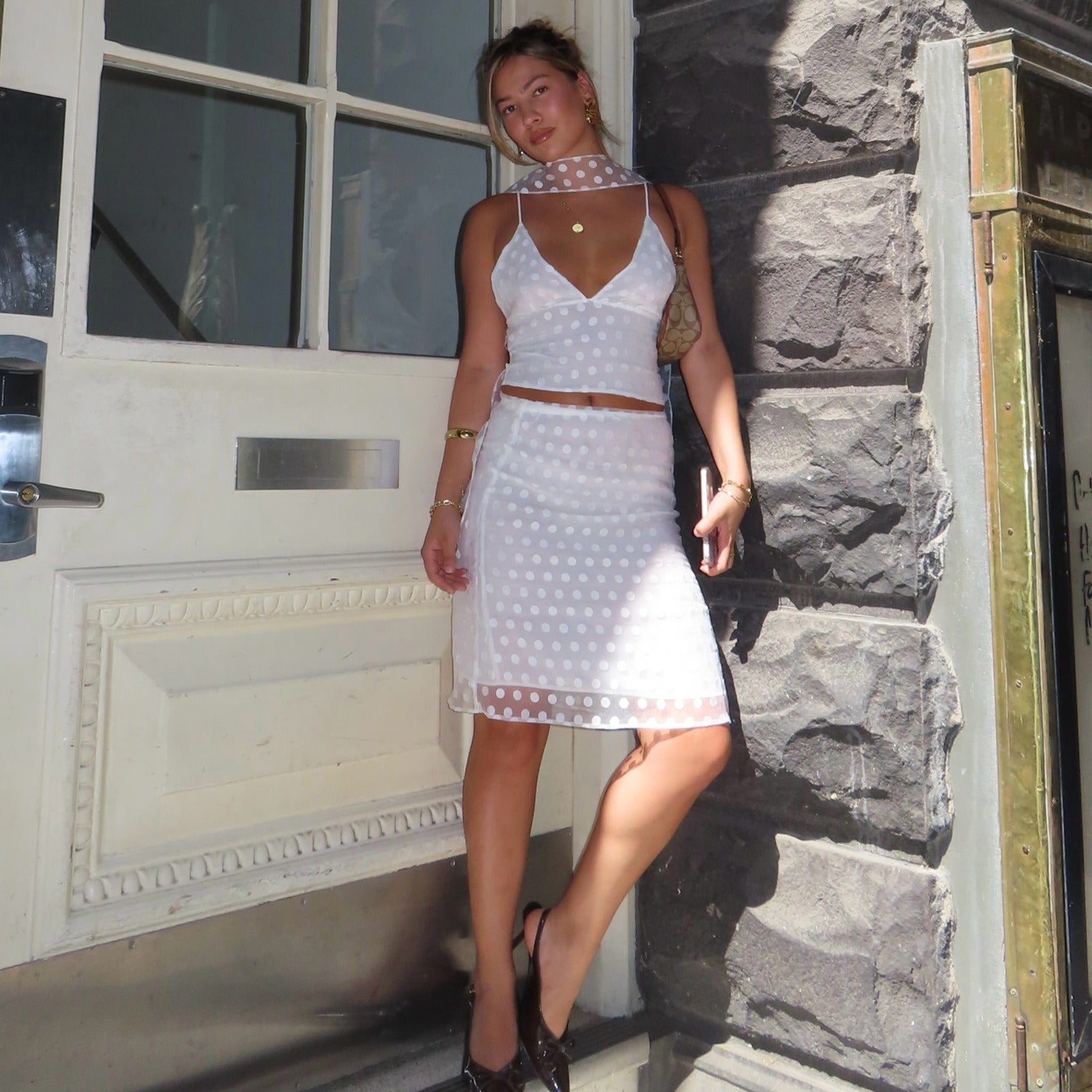 Polka Dot Mesh Cami & Midi Skirt Set (With Choker)