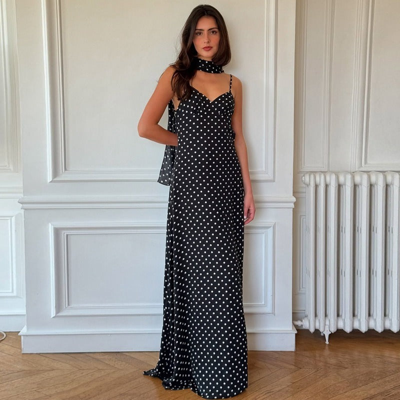 Polka Dot Scarf Detail Maxi Dress