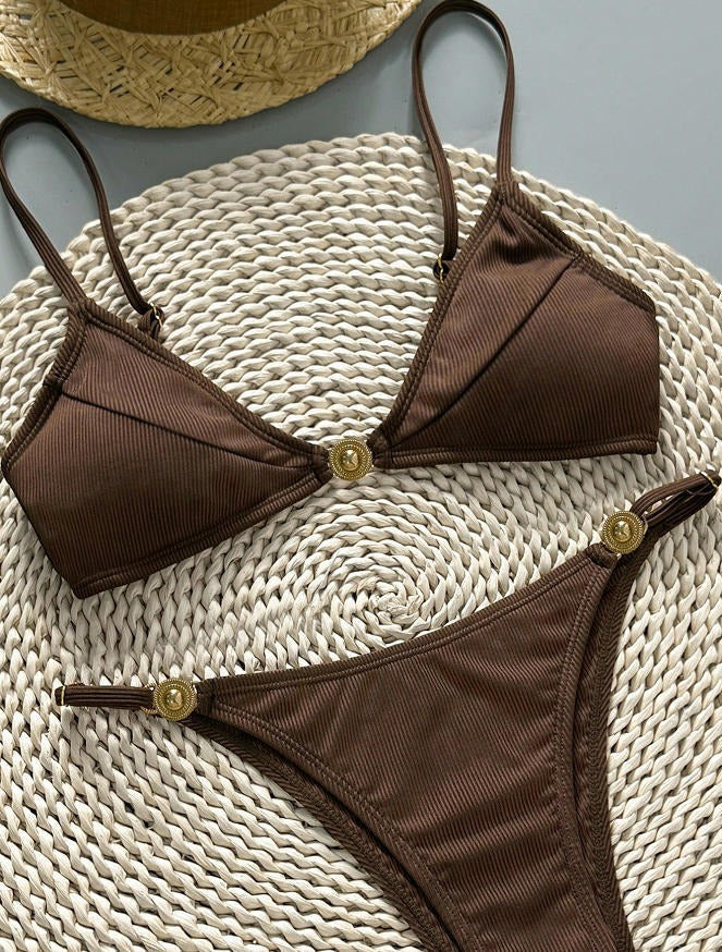 Ines Gold Detail Ribbed Bikini Set