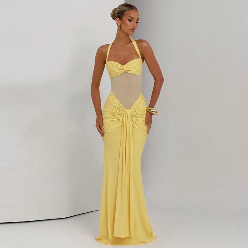 Mesh Panel Halter Maxi Dress