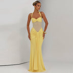 Mesh Panel Halter Maxi Dress
