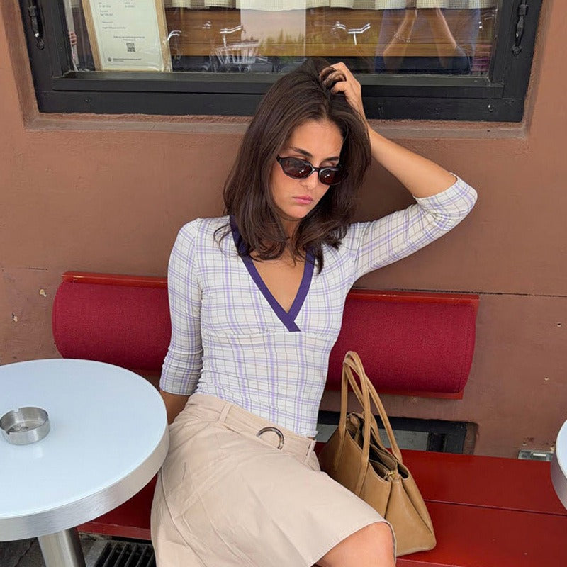 Sibyl Lavender Plaid Wrap-Front Knit Top