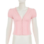Lace-Trim Puff Sleeve Button Blouse