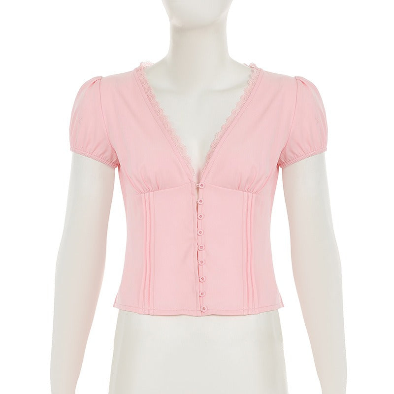 Lace-Trim Puff Sleeve Button Blouse