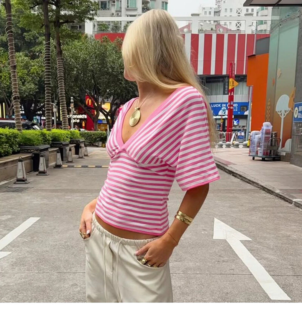 Yuna Striped Deep V-Neck Top