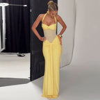 Mesh Panel Halter Maxi Dress
