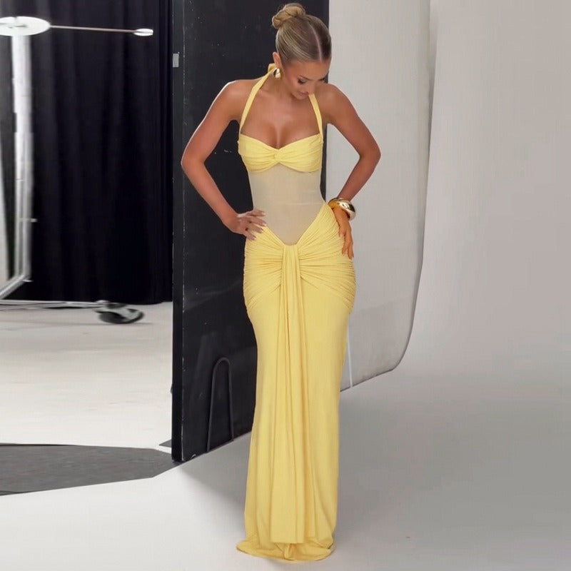 Mesh Panel Halter Maxi Dress