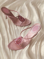 Pink Satin Crystal Mule Heels