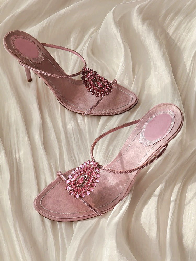 Pink Satin Crystal Mule Heels