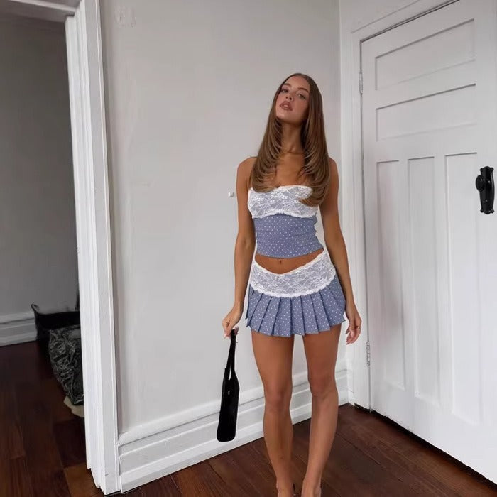 Powder Blue Polka Dot Lace Two Piece Set