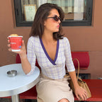 Sibyl Lavender Plaid Wrap-Front Knit Top