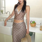 Karina Plaid Lace Trim Two-Piece Skirt Set